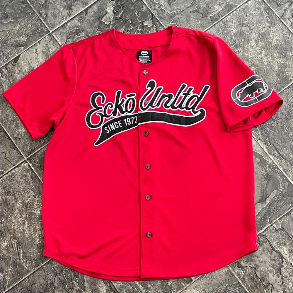 ECKO Retro Red Button-Up Baseball Jersey Style Shirt Urban Grunge Streetwear 2XL